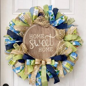Home Sweet Home Decorative Wreath - Blue, Green, natural